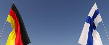 Bayrak direğinde Almanya ve Finlandiya bayrakları var. Mavi arka planda bayraklar. Mesaj için yer. Berlin, Münih. Helsinki. Bağımsız Devletler. 3B illüstrasyon.