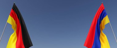 Mavi arka planda bayrak direkleri üzerinde Almanya ve Ermenistan bayrakları. Mesaj için yer. Rüzgarda dalgalanan bayraklar. Alman, Berlin. Erivan. 3d illüstrasyon.