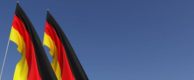 Bayrak direğinde Almanya 'nın iki bayrağı var. Mavi arka planda bayraklar. Mesaj için yer. Berlin, Münih. Avrupa. Bağımsız Devletler. 3B illüstrasyon.