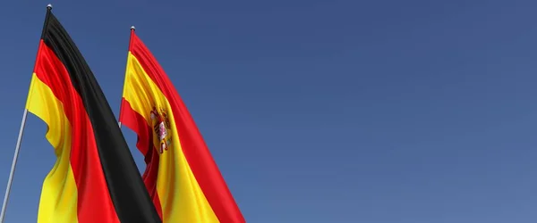 Vlaggen Van Duitsland Spanje Vlaggenmasten Aan Zijkant Vlaggen Een Blauwe — Stockfoto