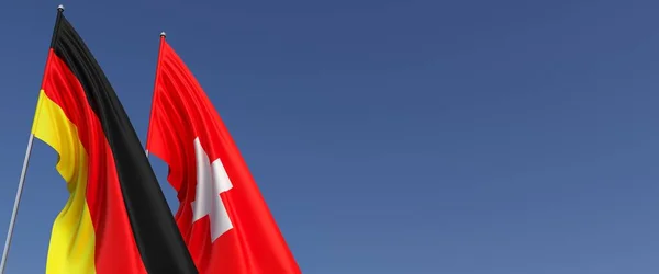 Vlaggen Van Duitsland Zwitserland Vlaggenmasten Aan Zijkant Vlaggen Een Blauwe — Stockfoto