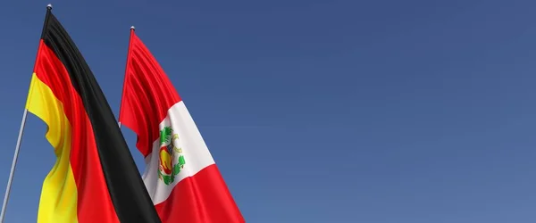 Németország Peru Zászlói Zászlórúdon Kék Hátterű Zászlók Helyet Sms Nek — Stock Fotó