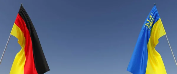 Banderas Alemania Ucrania Asta Bandera Lado Banderas Sobre Fondo Azul —  Fotos de Stock