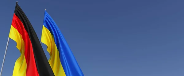 Vlaggen Van Duitsland Oekraïne Vlaggenmasten Aan Zijkant Vlaggen Een Blauwe — Stockfoto