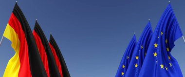 Yanlarda bayrak direkleri üzerinde AB ve Almanya 'nın üç bayrağı. Mavi arka planda bayraklar. Mesaj için yer. Alman bayrağı. Berlin. Avrupa Birliği. Bağımsız Devletler. 3B illüstrasyon.