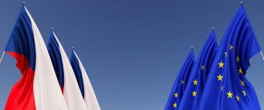 Kenarlarda bayrak direkleri üzerinde AB ve Çek Cumhuriyeti 'nin üç bayrağı. Mavi arka planda bayraklar. Mesaj için yer. Çek bayrağı. Prag 'da. Avrupa Birliği. Bağımsız Devletler. 3B illüstrasyon.