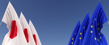 Kenarlarında bayrak direkleri olan AB ve Japon bayrakları. Mavi arka planda bayraklar. Mesaj için yer. Avrupa Birliği. Japon bayrağı. Tokyo mu? Bağımsız Devletler. 3B illüstrasyon.