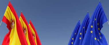 Yanlarda bayrak direkleri üzerinde AB ve İspanyol bayrakları. Mavi arka planda bayraklar. Mesaj için yer. Avrupa Birliği. İspanya bayrağı. Madrid mi? Bağımsız Devletler. 3B illüstrasyon.