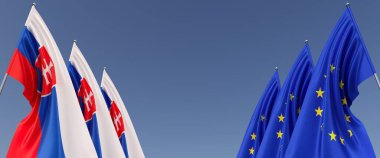 Yanlarda bayrak direkleri üzerinde AB ve Slovakya bayrakları. Mavi arka planda bayraklar. Mesaj için yer. Avrupa Birliği. Slovakya bayrağı. Bratislava. Bağımsız Devletler. 3B illüstrasyon.
