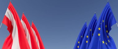 Three flags of the European Union and Austria on flagpoles on the sides. Flags on a blue background. Place for text. EU, Europe. Vienna. Commonwealth. 3D illustration.