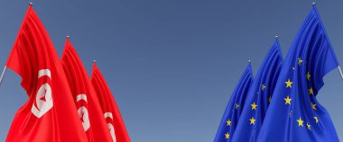 Yanlarda bayrak direkleri üzerinde Avrupa Birliği ve Tunus 'un üç bayrağı. Mavi arka planda bayraklar. Mesaj için yer. AB, Avrupa. Kuzey Afrika. Bağımsız Devletler. 3B illüstrasyon.