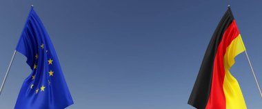 Yanlarda bayrak direkleri üzerinde Avrupa Birliği ve Almanya bayrakları. Mavi arka planda bayraklar. Rüzgarda dalgalanan bayraklar. AB mi? Berlin. 3B illüstrasyon.