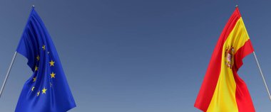 Yanlarda bayrak direkleri üzerinde Avrupa Birliği ve İspanya bayrakları. Mavi arka planda bayraklar. Rüzgarda dalgalanan bayraklar. AB mi? Madrid mi? 3B illüstrasyon.