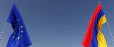 Bayrak direkleri üzerinde Avrupa Birliği ve Ermenistan bayrakları. Mavi arka planda bayraklar. Rüzgarda dalgalanan bayraklar. AB mi? Erivan. 3B illüstrasyon.