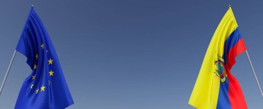 Avrupa Birliği bayrakları ve bayrak direkleri üzerinde Ekvador. Mavi arka planda bayraklar. Rüzgarda dalgalanan bayraklar. AB mi? Quito. 3B illüstrasyon.