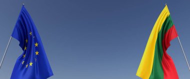 Avrupa Birliği bayrakları ve bayrak direkleri üzerinde Litvanya. Mavi arka planda bayraklar. Rüzgarda dalgalanan bayraklar. AB mi? Vilnius. 3B illüstrasyon.