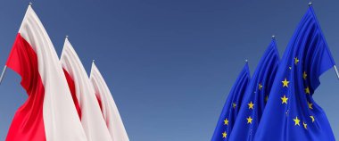 Yanlarda bayrak direkleri üzerinde AB ve Polonya 'nın üç bayrağı. Mavi arka planda bayraklar. Mesaj için yer. Polonya bayrağı. Avrupa Birliği. Bağımsız Devletler. 3B illüstrasyon.