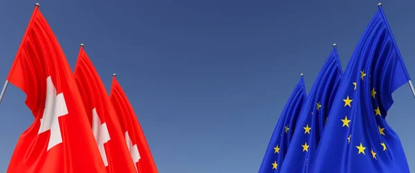 Three Swiss Flags Flagpoles Sides Flags Blue Background Place Text — Stock fotografie