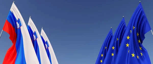 Flags Slovenian Flagpoles Sides Flags Blue Background Place Text European —  Fotos de Stock