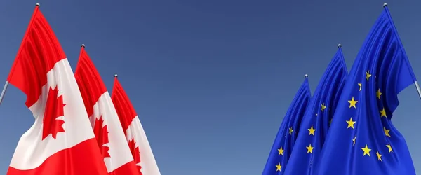 Vlajky Kanady Vlajkových Stožárech Stranách Vlajky Modrém Pozadí Místo Pro — Stock fotografie