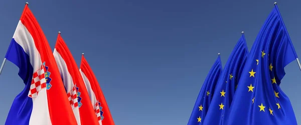 Flaggen Der Und Kroatiens Fahnenmasten Den Seiten Flaggen Auf Blauem — Stockfoto