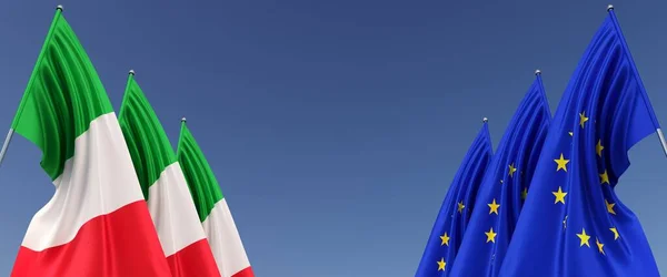 Flags of the EU and Italian flags on flagpoles on the sides. Flags on a blue background. Place for text. European Union. Italy flag. Rome. Commonwealth. 3D illustration.