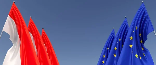Drei Flaggen Der Europäischen Union Und Indonesiens Auf Fahnenmasten Den — Stockfoto