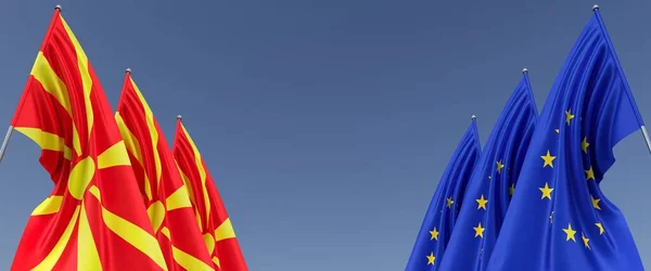 Three Flags European Union Macedonia Flagpoles Sides Flags Blue Background —  Fotos de Stock