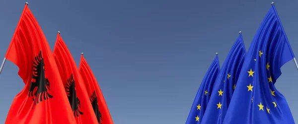 Three Flags European Union Albania Flagpoles Sides Flags Blue Background —  Fotos de Stock