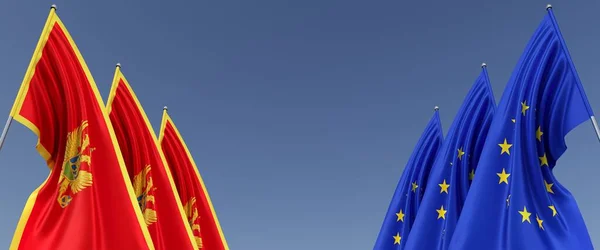 Three Flags European Union Montenegro Flagpoles Sides Flags Blue Background —  Fotos de Stock