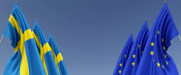 Tři Vlajky Evropské Unie Švédska Vlajkových Stožárech Stranách Vlajky Modrém — Stock fotografie