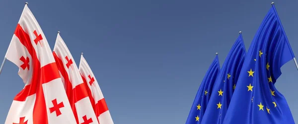 Tři Vlajky Evropské Unie Gruzie Vlajkových Stožárech Stranách Vlajky Modrém — Stock fotografie