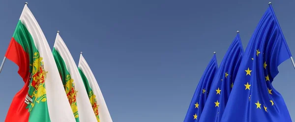 Tres Banderas Unión Europea Bulgaria Asta Bandera Los Lados Banderas —  Fotos de Stock