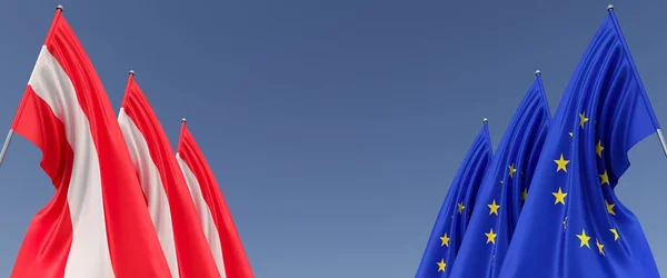 Three Flags European Union Austria Flagpoles Sides Flags Blue Background — Stock fotografie