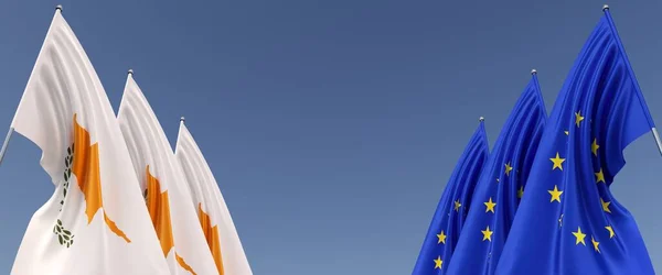 Three Flags European Union Cyprus Flagpoles Sides Flags Blue Background —  Fotos de Stock