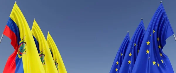 Tre Flaggor Från Europeiska Unionen Och Ecuador Flaggstänger Sidorna Flaggor — Stockfoto