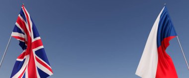 Büyük Britanya ve Çek Cumhuriyeti bayrakları bayrak direğine asıldı. Mavi arka planda bayraklar. Mesaj için yer. İngiltere, Londra. Birleşik Krallık. Çek bayrağı. Bağımsız Devletler. 3B illüstrasyon.