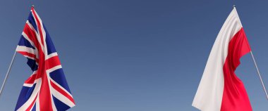 Büyük Britanya ve Polonya bayrakları bayrak direğine asıldı. Mavi arka planda bayraklar. Mesaj için yer. İngiltere, Londra. Birleşik Krallık. Polonya bayrağı. Bağımsız Devletler. 3B illüstrasyon.