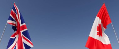 Büyük Britanya ve Kanada bayrakları bayrak direğinde. Mavi arka planda bayraklar. Mesaj için yer. İngiltere, Londra. Birleşik Krallık. Kırmızı akçaağaç yaprağı. Bağımsız Devletler. 3B illüstrasyon.