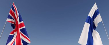 Büyük Britanya ve Finlandiya bayrakları bayrak direğine asıldı. Mavi arka planda bayraklar. Mesaj için yer. İngiltere, Londra. Birleşik Krallık. Helsinki. Bağımsız Devletler. 3B illüstrasyon.