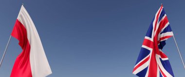 Yanlarda bayrak direkleri üzerinde Birleşik Krallık ve Polonya bayrakları. Mavi arka planda bayraklar. Mesaj için yer. Büyük Britanya, Londra. İngiltere. Varşova, Krakow. Bağımsız Devletler. 3B illüstrasyon.