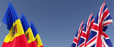 Yanlarda bayrak direkleri üzerinde Birleşik Krallık ve Moldova bayrakları. Mavi arka planda altı bayrak. Mesaj için yer. Büyük Britanya, İngiltere. Chisinau. 3B illüstrasyon.