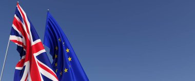 Bayrak direkleri üzerinde Birleşik Krallık ve Avrupa Birliği bayrakları. Mavi arka planda bayraklar. Büyük Britanya, İngiltere. AB mi? 3B illüstrasyon.