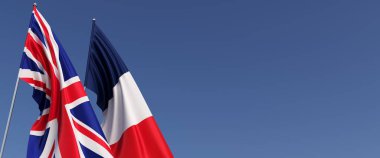İngiltere ve Fransa bayrakları bayrak direğine asıldı. Mavi arka planda bayraklar. Büyük Britanya, İngiltere. Paris mi? 3B illüstrasyon.