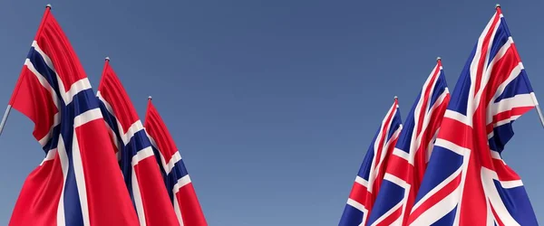 Flags Great Britain Norway Flagpoles Sides Flags Blue Background England — Foto de Stock