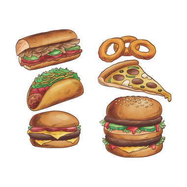 Hamburger, pizza gibi yemek menüsü temalı vektör tasarımı