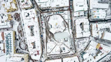 Ivano-Frankivsk, Ukraine - December 2021: Top view of Ivano-Frankivsk in winter at Christmas time.