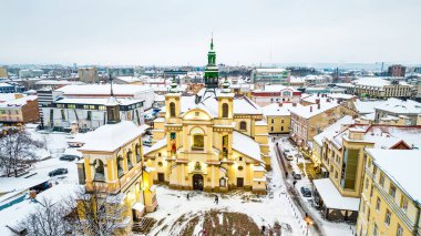 Ivano-Frankivsk, Ukraine - December 2021: Top view of Ivano-Frankivsk in winter at Christmas time.