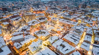 Ivano-Frankivsk, Ukraine - December 2021: Top view of Ivano-Frankivsk in winter at Christmas time.