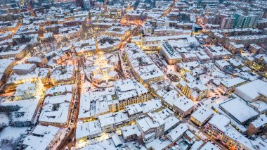 Top view of Ivano-Frankivsk in winter at Christmas time.